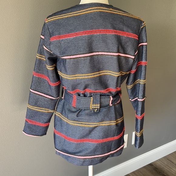 Anthropologie Dolan Picadilly Stripe Coat Textured Blue Belted - Picture 6 of 11